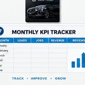 May include: A Monthly KPI Tracker document featuring a table with columns for Month, Leads, Jobs, Revenue, and Reviews, listing months from January to June. The document includes a blue bar chart graphic and the text Track, Improve, Grow.
