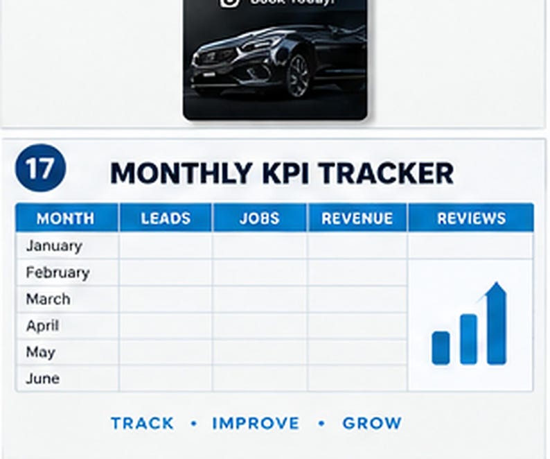 May include: A Monthly KPI Tracker document featuring a table with columns for Month, Leads, Jobs, Revenue, and Reviews, listing months from January to June. The document includes a blue bar chart graphic and the text Track, Improve, Grow.