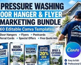 Pressure Washing Marketing Bundle, 60 Canva Door Hanger Flyer Postcard Templates, Power Washing Local Business Advertising Kit