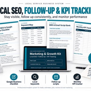 May include: A digital marketing and business growth system featuring a laptop displaying a Marketing and Growth Kit, surrounded by printed checklists for Local SEO, keyword maps, follow-up scripts, and a monthly KPI tracker for service businesses.
