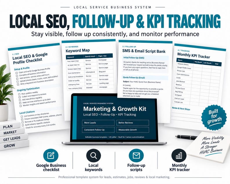 May include: A digital marketing and business growth system featuring a laptop displaying a Marketing and Growth Kit, surrounded by printed checklists for Local SEO, keyword maps, follow-up scripts, and a monthly KPI tracker for service businesses.