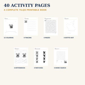 Może przedstawiać: Zbi&oacute;r 40 stron z ćwiczeniami zatytułowany 40 ACTIVITY PAGES A COMPLETE TILQO PRINTABLE BOOK. Zestaw zawiera 12 kolorowanek, 6 stron do rysowania po śladzie, 6 labirynt&oacute;w, 4 rysunki łączone kropkami, 4 zadania na r&oacute;żnice, 4 dopasowywanki i 4 wykreślanki.