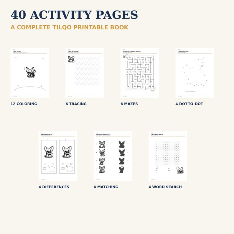 Może przedstawiać: Zbi&oacute;r 40 stron z ćwiczeniami zatytułowany 40 ACTIVITY PAGES A COMPLETE TILQO PRINTABLE BOOK. Zestaw zawiera 12 kolorowanek, 6 stron do rysowania po śladzie, 6 labirynt&oacute;w, 4 rysunki łączone kropkami, 4 zadania na r&oacute;żnice, 4 dopasowywanki i 4 wykreślanki.