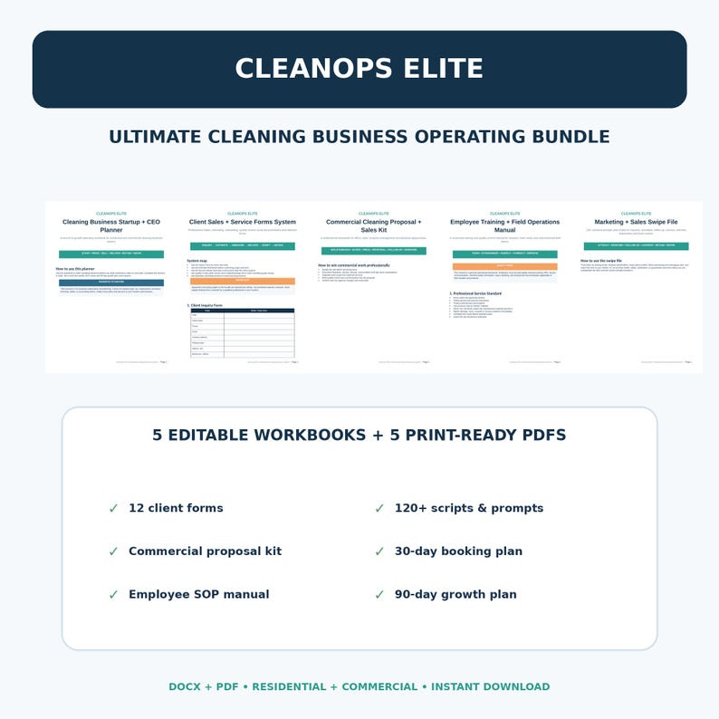 May include: CleanOps Elite cleaning business operating bundle featuring five editable workbooks and five print-ready PDFs. Includes 12 client forms, a commercial proposal kit, employee SOP manual, 120+ scripts and prompts, a 30-day booking plan, and a 90-day growth plan.