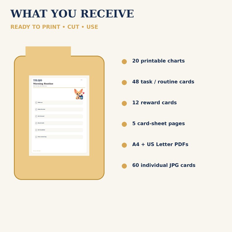 May include: A digital product set featuring a Morning Routine chart with a fennec fox illustration, 20 printable charts, 48 task cards, 12 reward cards, 5 card-sheet pages, A4 and US Letter PDFs, and 60 individual JPG cards with text WHAT YOU RECEIVE.