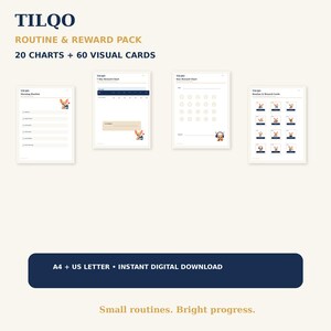 May include: TILQO Routine & Reward Pack featuring 20 charts and 60 visual cards. Includes morning routine, 7-day reward, star reward, and routine card sheets with cartoon animal illustrations. Text includes A4 + US Letter, Instant Digital Download.