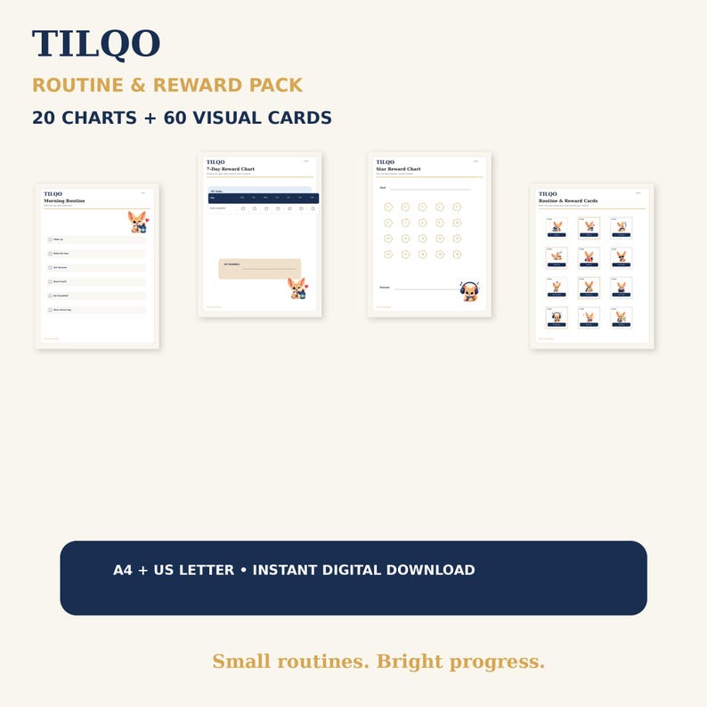 May include: TILQO Routine & Reward Pack featuring 20 charts and 60 visual cards. Includes morning routine, 7-day reward, star reward, and routine card sheets with cartoon animal illustrations. Text includes A4 + US Letter, Instant Digital Download.
