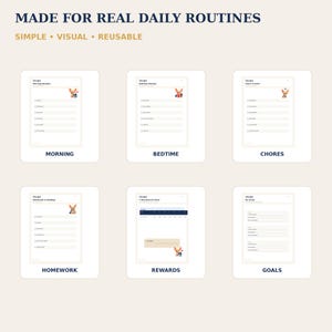 May include: Six white printable routine charts labelled Morning, Bedtime, Chores, Homework, Rewards, and Goals. Each chart features the text TILQO and a small cartoon fox illustration. The top text reads MADE FOR REAL DAILY ROUTINES SIMPLE VISUAL REUSABLE.