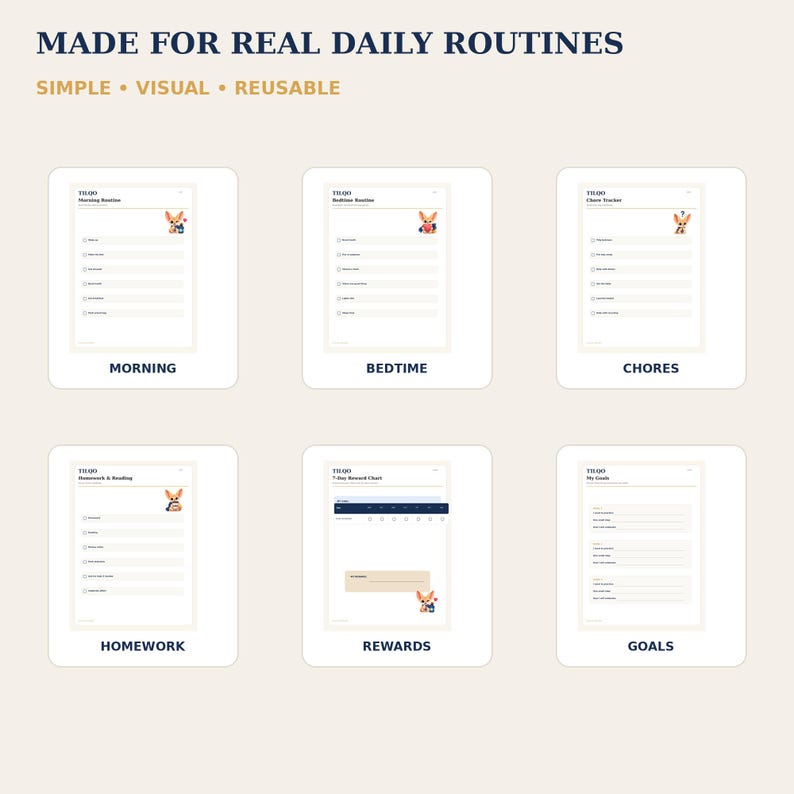 May include: Six white printable routine charts labelled Morning, Bedtime, Chores, Homework, Rewards, and Goals. Each chart features the text TILQO and a small cartoon fox illustration. The top text reads MADE FOR REAL DAILY ROUTINES SIMPLE VISUAL REUSABLE.