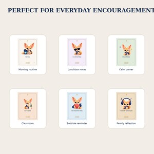 May include: A set of six rectangular cards featuring illustrations of a fennec fox in various outfits and poses. Each card includes text such as I can brave, I can do hard things, I choose kindness, I can be patient, I can stronger than I think, and I can breathe and begin again.