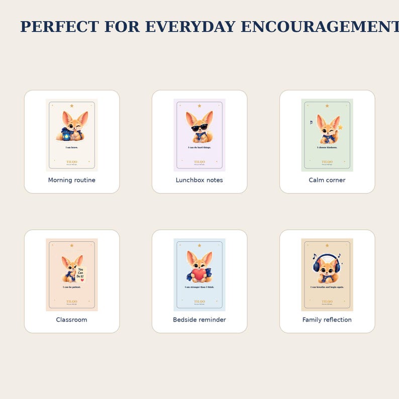 May include: A set of six rectangular cards featuring illustrations of a fennec fox in various outfits and poses. Each card includes text such as I can brave, I can do hard things, I choose kindness, I can be patient, I can stronger than I think, and I can breathe and begin again.