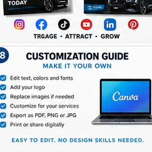 May include: A digital customization guide featuring the text 18 CUSTOMIZATION GUIDE MAKE IT YOUR OWN, a list of six editable features with blue checkmarks, a laptop displaying the Canva logo, and the text EASY TO EDIT. NO DESIGN SKILLS NEEDED.