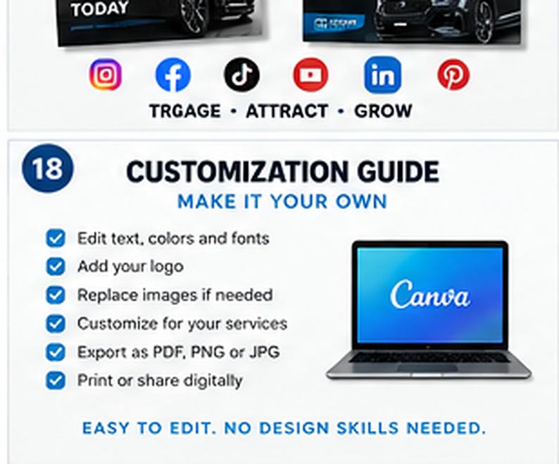 May include: A digital customization guide featuring the text 18 CUSTOMIZATION GUIDE MAKE IT YOUR OWN, a list of six editable features with blue checkmarks, a laptop displaying the Canva logo, and the text EASY TO EDIT. NO DESIGN SKILLS NEEDED.
