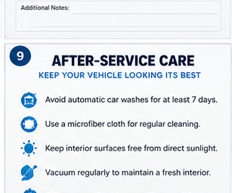 May include: A white informational card titled AFTER-SERVICE CARE with the number 9 in a blue circle. It lists four instructions: avoid automatic car washes for 7 days, use a microfiber cloth for cleaning, avoid direct sunlight, and vacuum regularly.