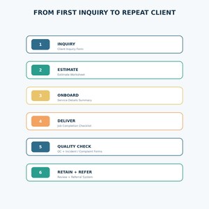 May include: A business process infographic titled FROM FIRST INQUIRY TO REPEAT CLIENT. It lists six steps: 1 INQUIRY Client Inquiry Form, 2 ESTIMATE Estimate Worksheet, 3 ONBOARD Service Details Summary, 4 DELIVER Job Completion Checklist, 5 QUALITY CHECK QC + Incident / Complaint Forms, and 6 RETAIN + REFER Review + Referral System.