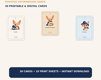 TILQO Positive Affirmation Cards | 30 Kids Encouragement Cards | Printable Confidence Cards | Cute Fennec Fox | Digital Download