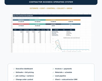 Contractor Business Spreadsheet | Estimating, Job Costing, Change Orders, Invoice Tracker & Project Dashboard Excel