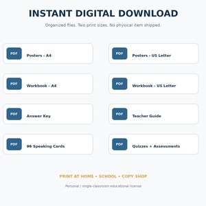 May include: An instant digital download listing featuring organized PDF files including posters, workbooks, an answer key, a teacher guide, 96 speaking cards, and quizzes and assessments in A4 and US Letter sizes for personal or single-classroom use.