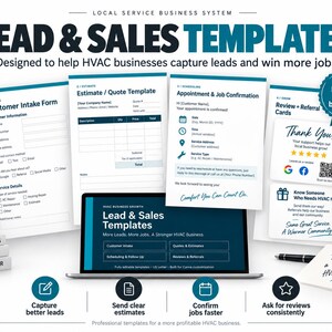 May include: A digital collection of HVAC business templates including a customer intake form, estimate quote template, appointment confirmation, and review referral cards. The set features a laptop displaying lead and sales templates.
