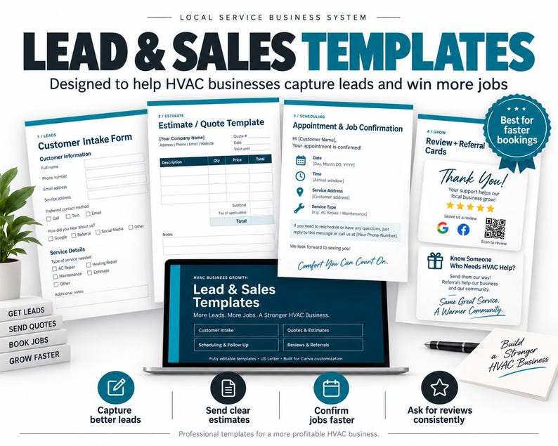May include: A digital collection of HVAC business templates including a customer intake form, estimate quote template, appointment confirmation, and review referral cards. The set features a laptop displaying lead and sales templates.