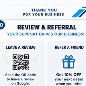 May include: A white informational card with blue text featuring the number 10, the heading REVIEW & REFERRAL, and the subtext YOUR SUPPORT DRIVES OUR BUSINESS. It includes a QR code for Google reviews and a gift icon for a referral program.