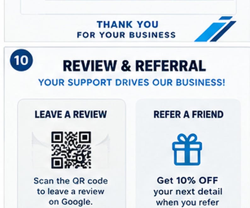 May include: A white informational card with blue text featuring the number 10, the heading REVIEW & REFERRAL, and the subtext YOUR SUPPORT DRIVES OUR BUSINESS. It includes a QR code for Google reviews and a gift icon for a referral program.