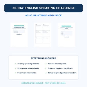 Pode incluir: Um pacote imprim&iacute;vel A1-A2 de desafio de 30 dias para falar ingl&ecirc;s, contendo tr&ecirc;s p&aacute;ginas brancas com texto preto, 60 cart&otilde;es de conversa&ccedil;&atilde;o e 12 folhas de gram&aacute;tica essenciais, com uma lista de materiais inclu&iacute;dos e nota de download.