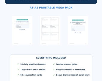 30 Day English Speaking Challenge A1 A2 | ESL Workbook, Grammar Cheat Sheets, 60 Conversation Cards, Teacher Answer Key