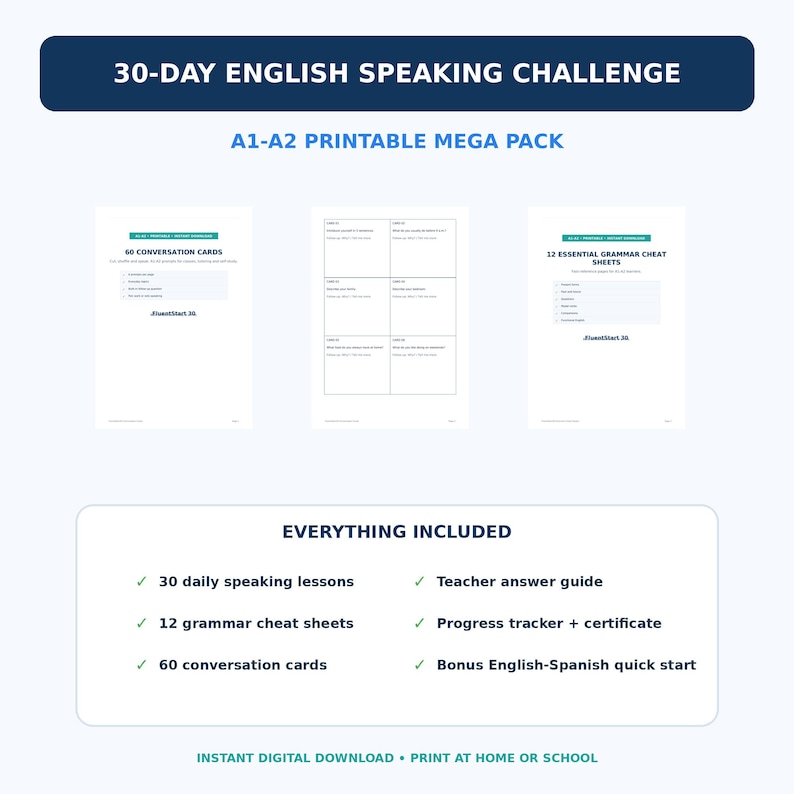 Pode incluir: Um pacote imprim&iacute;vel A1-A2 de desafio de 30 dias para falar ingl&ecirc;s, contendo tr&ecirc;s p&aacute;ginas brancas com texto preto, 60 cart&otilde;es de conversa&ccedil;&atilde;o e 12 folhas de gram&aacute;tica essenciais, com uma lista de materiais inclu&iacute;dos e nota de download.