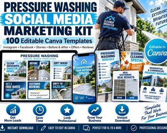 Pressure Washing Social Media Kit, 100 Editable Canva Templates, Instagram Facebook Posts, Before After Marketing