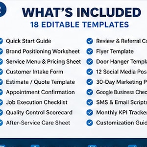 May include: A digital document listing 18 editable templates including a Quick Start Guide, Brand Positioning Worksheet, Service Menu, Intake Form, Estimate, Appointment Confirmation, Job Execution Checklist, Quality Control Scorecard, After-Service Care Sheet, Review Cards, Flyer, Door Hanger, 12 Social Media Posts, 30-Day Marketing Plan, Google Business Checklist, SMS and Email Scripts, Monthly KPI Tracker, and a Customization Guide.