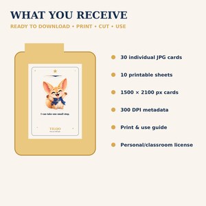 May include: A digital download set featuring 30 JPG cards, 10 printable sheets, 1500 x 2100 px resolution, 300 DPI, a print guide, and a license. The graphic shows a fennec fox illustration with the text: I can take one small step. TILQO.