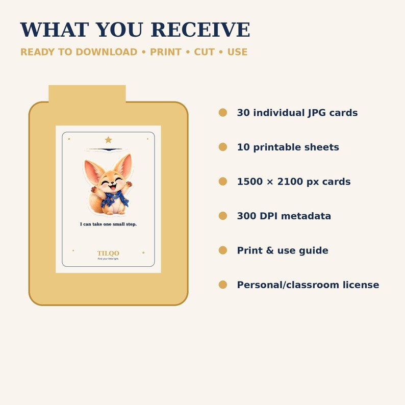May include: A digital download set featuring 30 JPG cards, 10 printable sheets, 1500 x 2100 px resolution, 300 DPI, a print guide, and a license. The graphic shows a fennec fox illustration with the text: I can take one small step. TILQO.