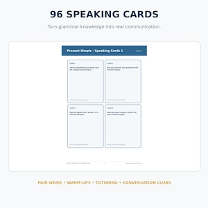 May include: A set of 96 speaking cards featuring the text 'Present Simple - Speaking Cards 1' and four individual cards with prompts for grammar practice. The page includes the text 'Turn grammar knowledge into real communication' and 'PAIR WORK &bull; WARM-UPS &bull; TUTORING &bull; CONVERSATION CLUBS'.