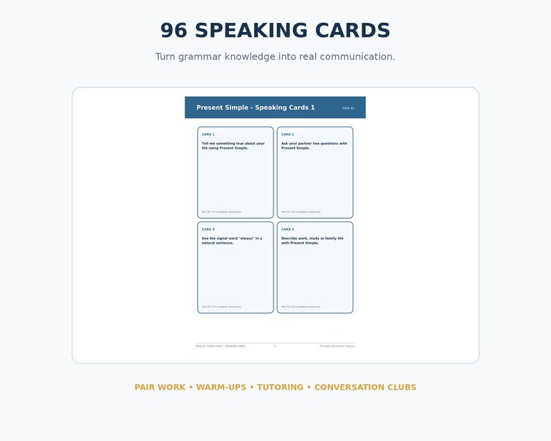 May include: A set of 96 speaking cards featuring the text 'Present Simple - Speaking Cards 1' and four individual cards with prompts for grammar practice. The page includes the text 'Turn grammar knowledge into real communication' and 'PAIR WORK &bull; WARM-UPS &bull; TUTORING &bull; CONVERSATION CLUBS'.