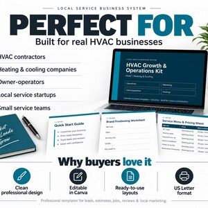 May include: A digital HVAC growth and operations kit featuring a laptop displaying business templates, a blue notebook with the text Plan Market Get Leads Grow, a pen, and printed documents including a Quick Start Guide and Service Menu.