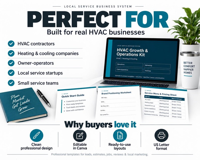 May include: A digital HVAC growth and operations kit featuring a laptop displaying business templates, a blue notebook with the text Plan Market Get Leads Grow, a pen, and printed documents including a Quick Start Guide and Service Menu.