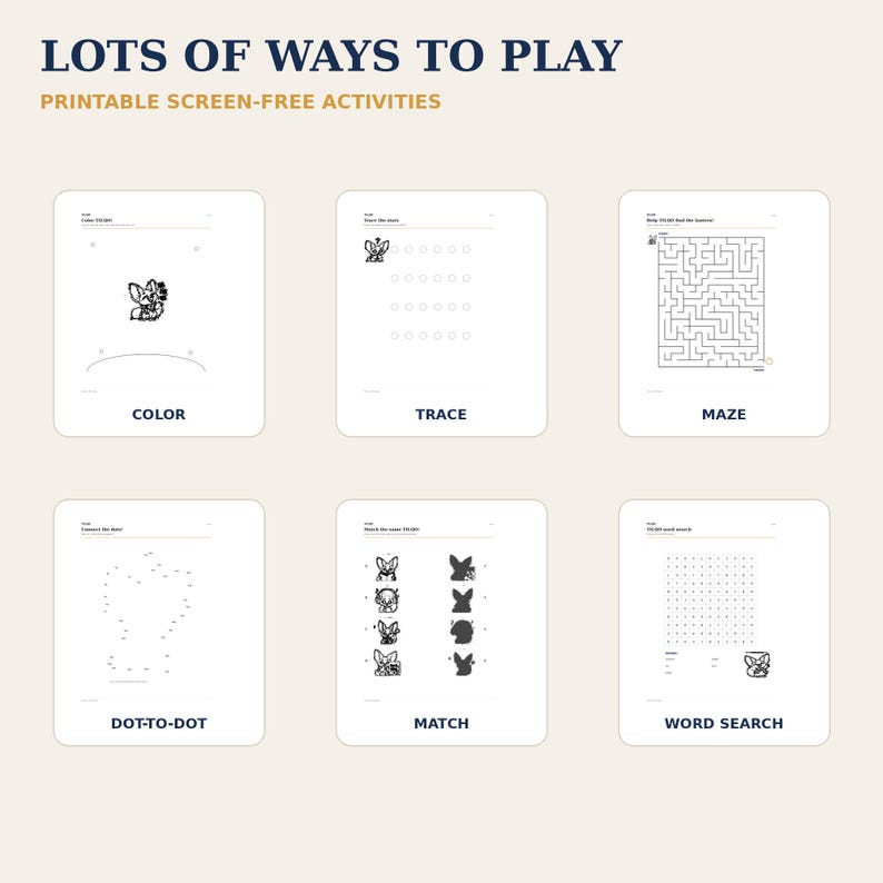 Może przedstawiać: Zbi&oacute;r sześciu arkuszy aktywności do druku zatytułowanych LOTS OF WAYS TO PLAY, PRINTABLE SCREEN-FREE ACTIVITIES. Arkusze zawierają kolorowankę, ćwiczenie z rysowania po śladzie, labirynt, łączenie punkt&oacute;w, grę w dopasowywanie oraz wykreślankę słowną.