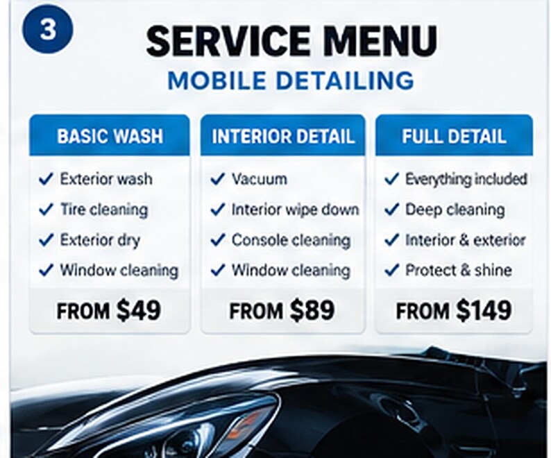 May include: A mobile detailing service menu featuring three tiers: Basic Wash from $49, Interior Detail from $89, and Full Detail from $149. The text lists specific cleaning tasks for each package, displayed above a black car hood and headlight.
