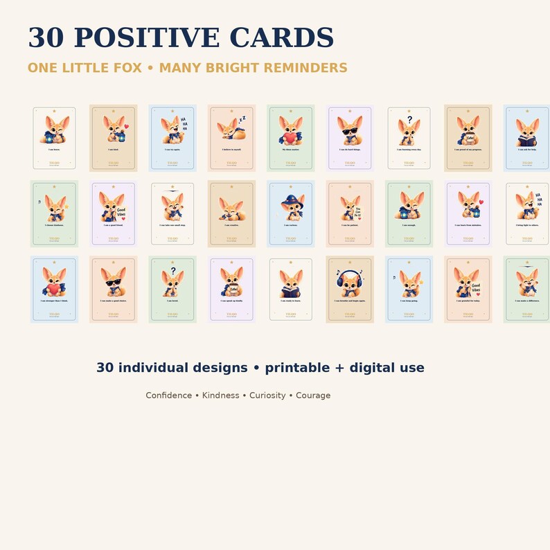 May include: A set of 30 positive cards featuring illustrations of a small fox character in various poses and activities. The text 30 POSITIVE CARDS ONE LITTLE FOX MANY BRIGHT REMINDERS is displayed at the top, with 30 individual designs below.
