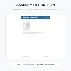 May include: A white educational worksheet titled Mini Quiz 1: Present Simple with a blue header. The page contains twelve fill-in-the-blank grammar questions, two written prompts, and text at the top stating Assessment Built In and 12 tense quizzes.