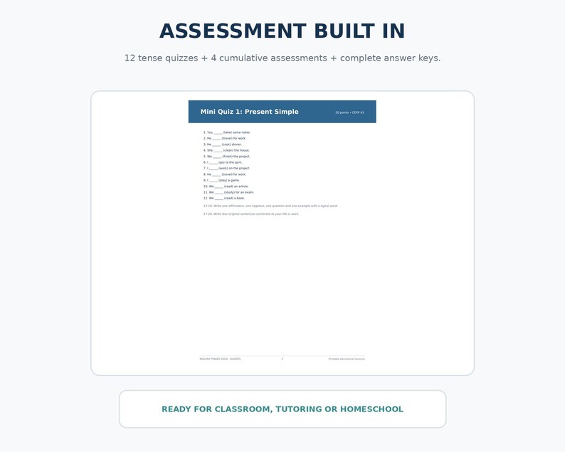 May include: A white educational worksheet titled Mini Quiz 1: Present Simple with a blue header. The page contains twelve fill-in-the-blank grammar questions, two written prompts, and text at the top stating Assessment Built In and 12 tense quizzes.