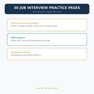 Op de afbeelding: Een digitaal document getiteld 30 Job Interview Practice Pages met gestructureerde antwoorden volgens de STAR-methode. Het bevat secties voor veelvoorkomende sollicitatievragen, de STAR-structuur en een professionele afsluiting, eindigend met de tekst Practice, Refine, Repeat.