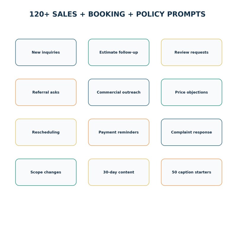 May include: A digital graphic featuring the text 120+ SALES + BOOKING + POLICY PROMPTS at the top, followed by twelve rectangular boxes with rounded corners containing labels like New inquiries, Estimate follow-up, and Review requests.
