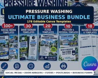 Pressure Washing Ultimate Business Bundle, 178 Canva Templates, Social Media, Flyers, Door Hangers, Forms & Marketing Kit