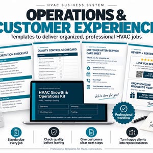 May include: An HVAC business system kit featuring a laptop displaying the HVAC Growth & Operations Kit, surrounded by printed templates including a Job Execution Checklist, Quality Control Scorecard, Customer After-Service Care Sheet, and Review + Referral Cards.