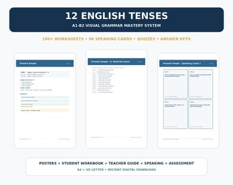 12 English Tenses ESL Bundle | 100+ Grammar Worksheets, Posters, Answer Keys, Speaking Cards, A1-B2 Teacher Resources
