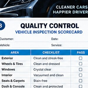 May include: A white vehicle inspection scorecard with blue headers and text. The document features a checklist for exterior, wheels, tires, windows, interior, seats, carpets, dash, and console. It includes the text CLEANER CARS HAPPIER DRIVERS.