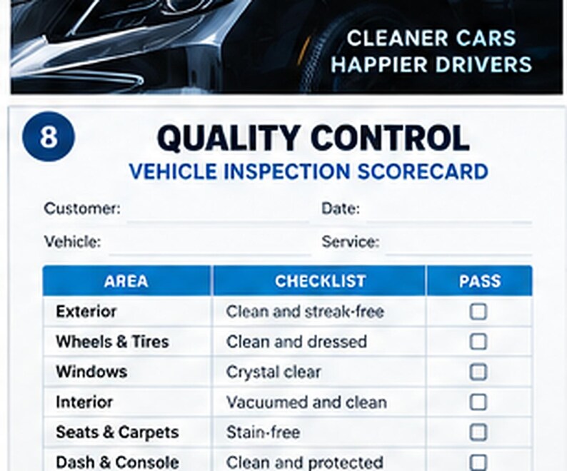 May include: A white vehicle inspection scorecard with blue headers and text. The document features a checklist for exterior, wheels, tires, windows, interior, seats, carpets, dash, and console. It includes the text CLEANER CARS HAPPIER DRIVERS.
