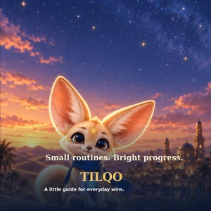 May include: A fennec fox with large ears and a yellow star on its forehead, wearing a blue scarf. The text reads: Small routines. Bright progress. TILQO. A little guide for everyday wins. The background shows a desert landscape at sunset.